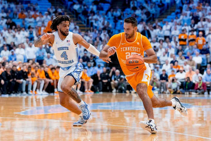 CHAPEL HILL, NC - November 29, 2023 - Guard Santiago Vescovi #25 of the Tennessee Volunteers during the ACC/SEC Challenge game between the UNC Tar heels and the Tennessee Volunteers at Dean Smith Center in Chapel Hill, NC. Photo By Andrew Ferguson/Tennessee Athletics